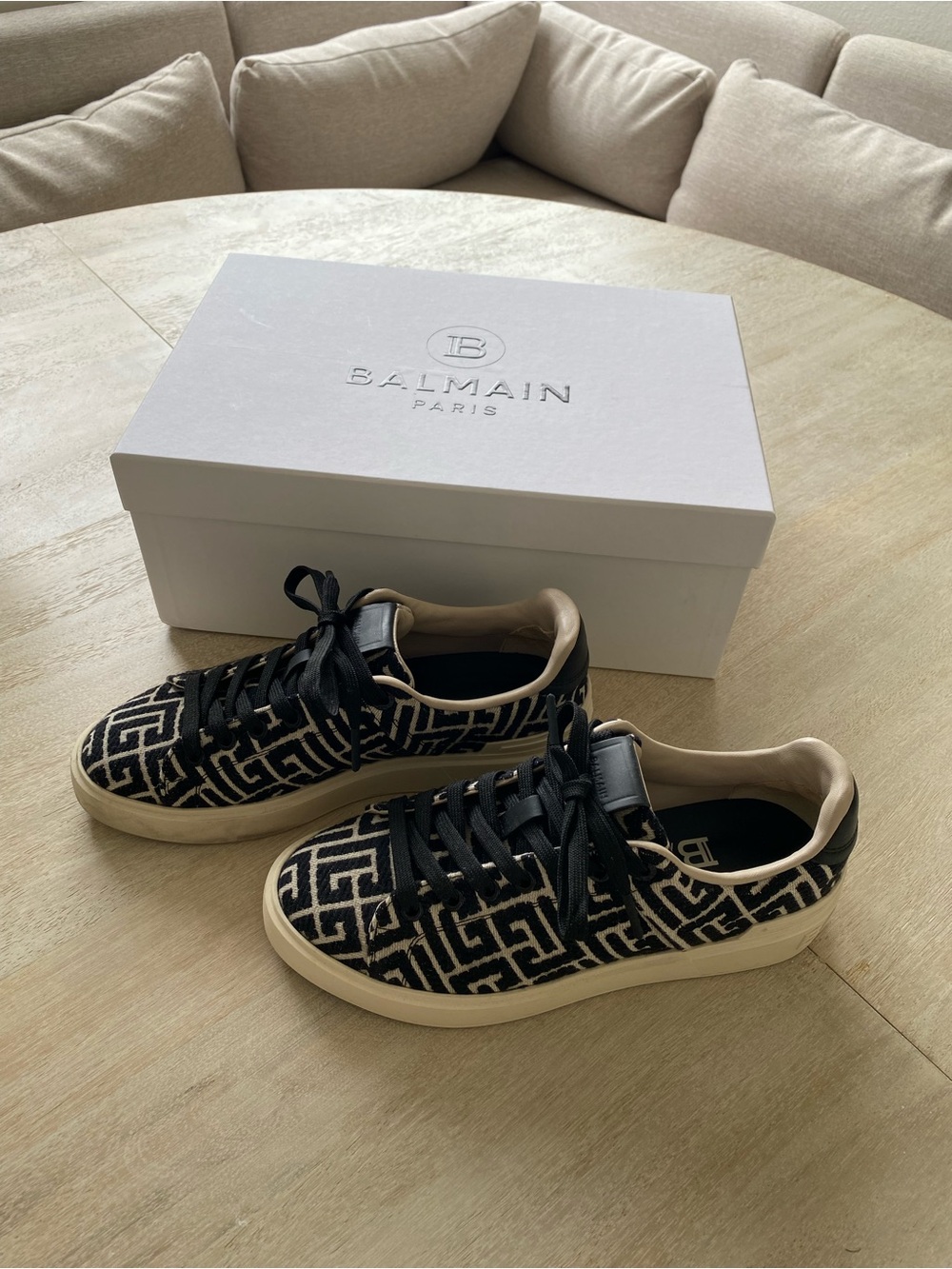 Balmain B-Court Monogram Jacquard Low-Top Sneakers in Black & Cream / Ivory 39 - Picture 5 of 14